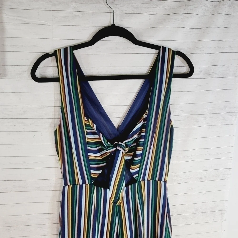 LULUS Allyson Navy Blue Multi Striped Tie-Back Culotte Jumpsuit, SZ Small Lulus
